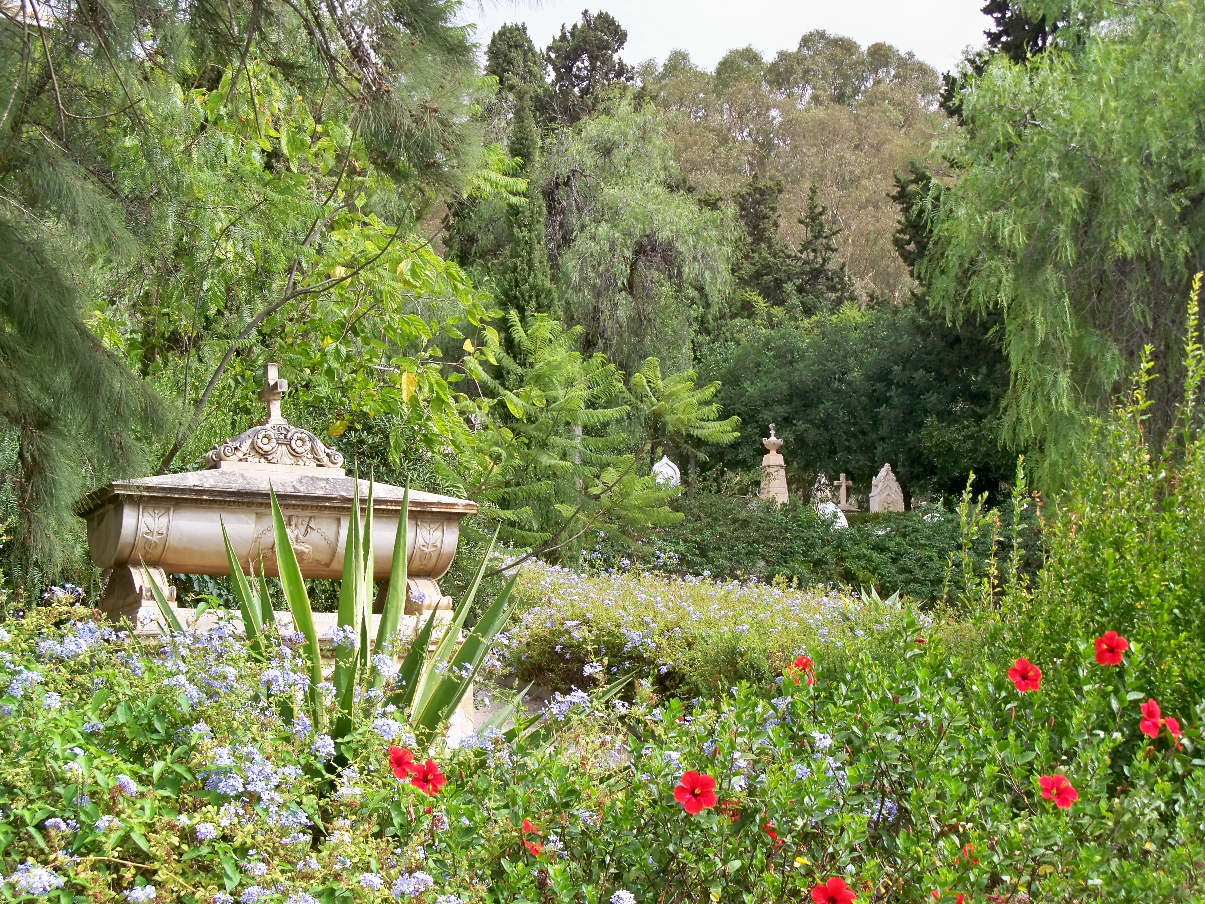 Cementerio jardín con un sarcófago de piedra ornamentado rodeado de exuberante vegetación, amapolas rojas y flores silvestres azules, con monumentos adicionales al fondo.