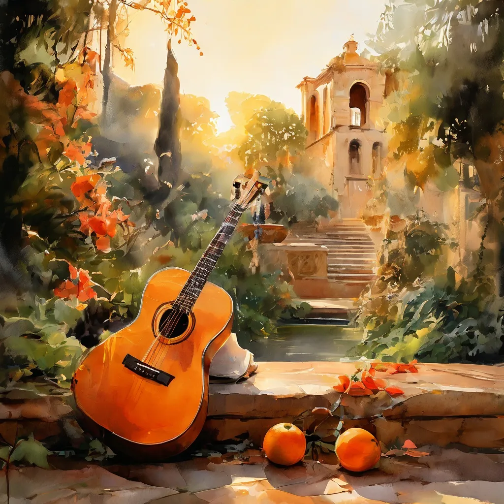 Een gitaar in de historische tuin van Cementerio Inglés de Málaga, die de sfeer van een muzikaal optreden weergeeft.