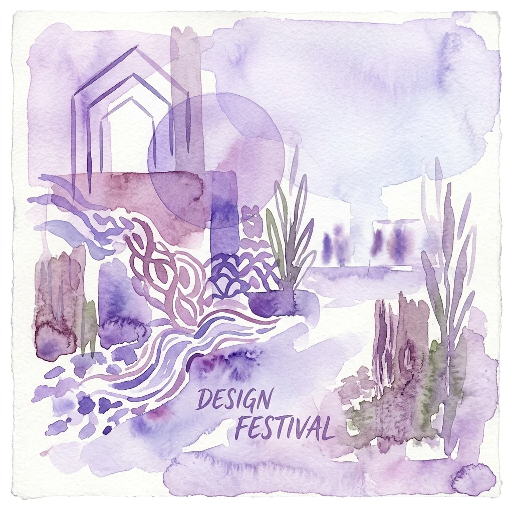 Watercolor illustration with purple geometric arches, abstract plants, and wavy lines, featuring the text 'DESIGN FESTIVAL' at the bottom.
