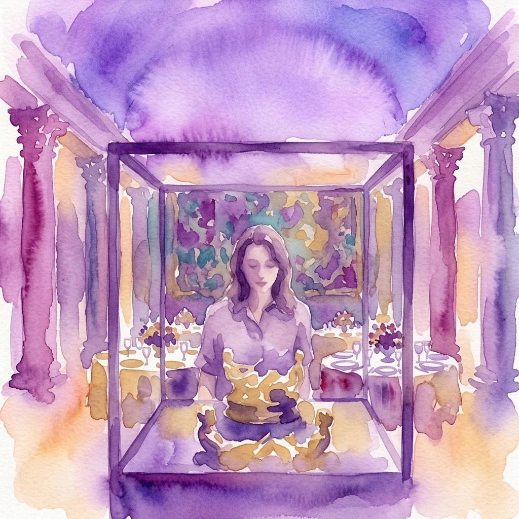 Ilustración en acuarela de una mujer dentro de una vitrina de cristal sosteniendo un objeto dorado, frente a un gran salón de museo con mesas de comedor formales.