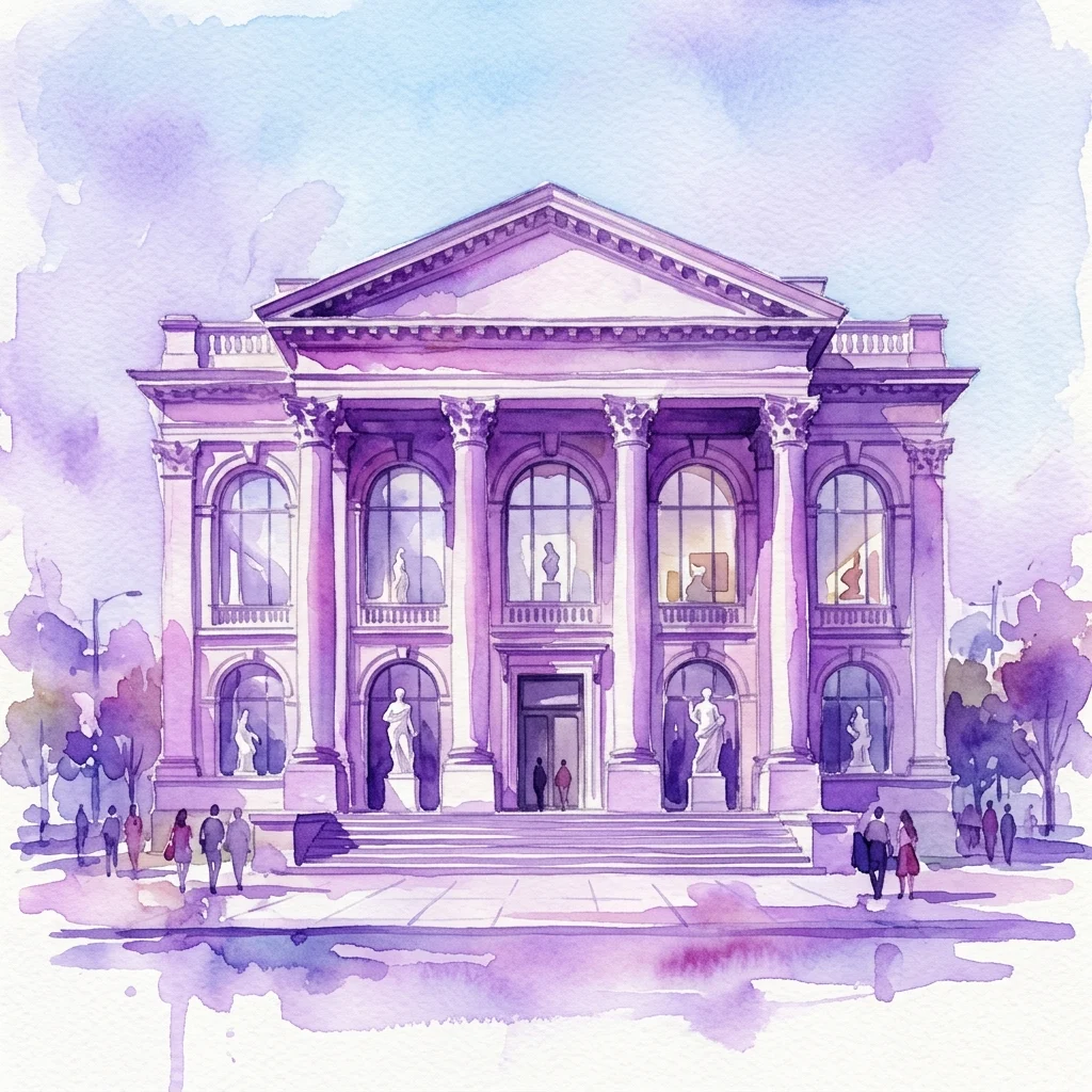 Watercolor illustration of the Albertina museum's neoclassical facade with columns, large windows, and statues, set against a soft purple and blue sky.