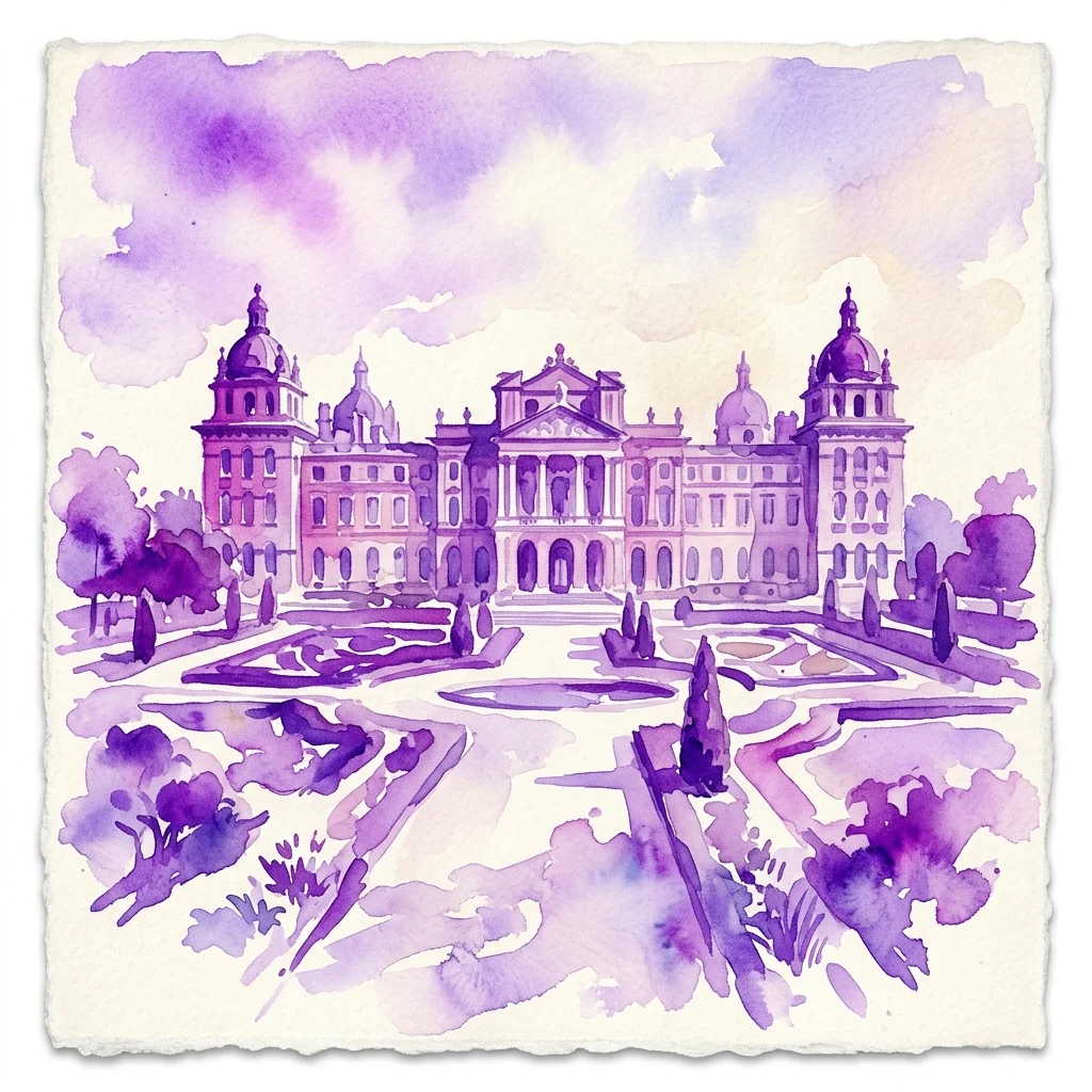 Ilustracja akwarelowa Pałacu Belwederskiego w Wiedniu, ukazująca jego barokową architekturę i formalne ogrody w odcieniach fioletu i lawendy.
