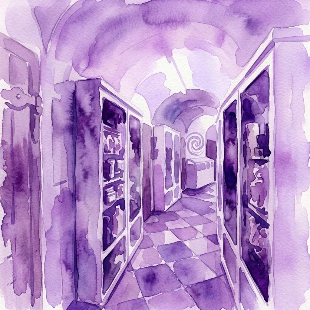 Watercolor illustration of a purple-hued corridor in the Madhouse Tower, featuring arched ceilings and display cases, evoking the historical and somber atmosphere of the anatomical pathology collection at the Natural History Museum.