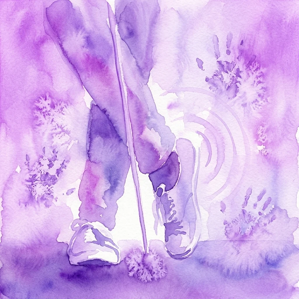 Een aquarelillustratie in paarse tinten die de benen en voeten van een persoon met een witte stok voorstelt, wat een zintuiglijke ervaring in het donker suggereert.