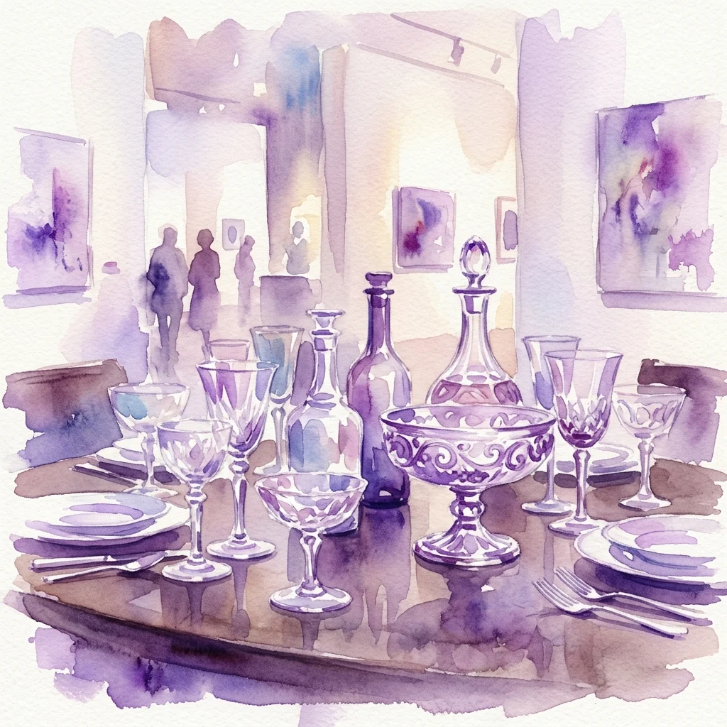 Aquarelillustratie van een elegant gedekte eettafel met kristallen glazen, karaffen en sierlijke schalen in een galerij met bezoekers op de achtergrond.