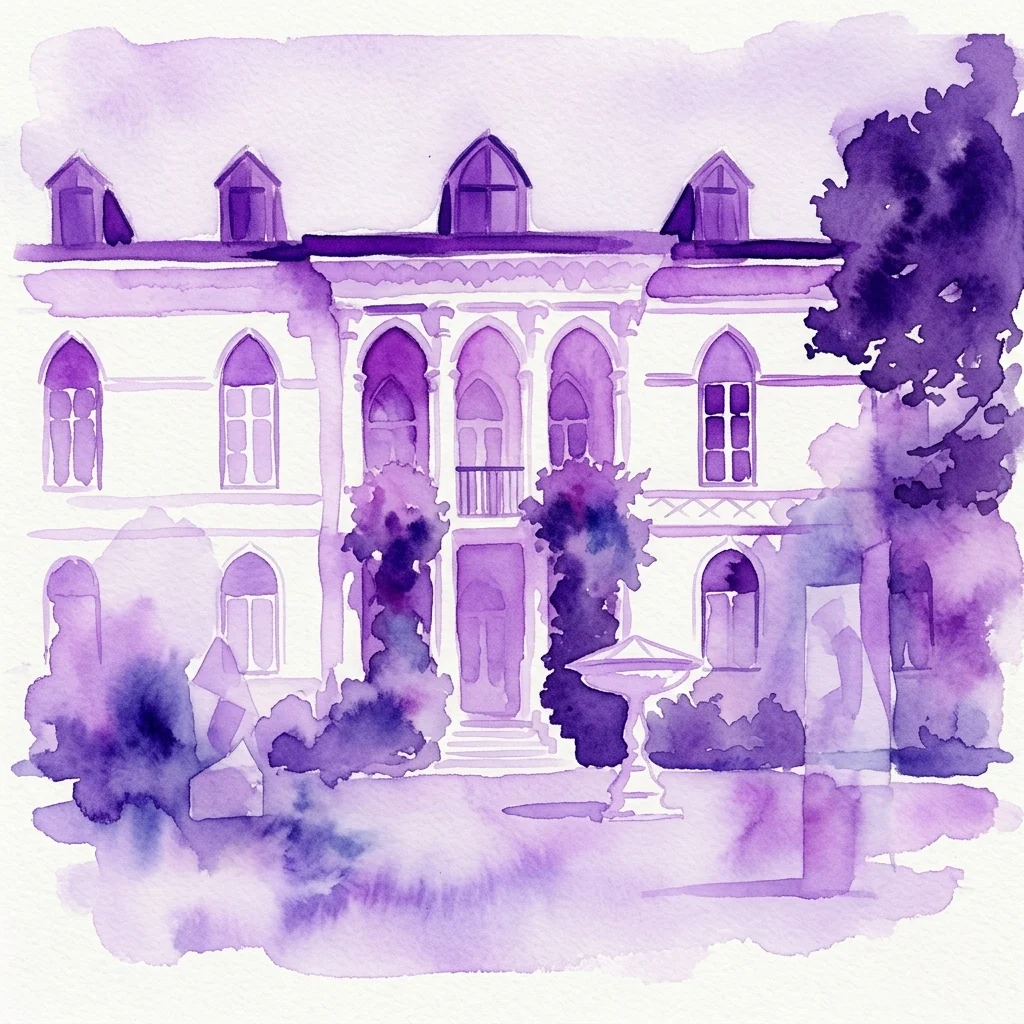 A watercolor illustration of Geymüllerschlössel Manor House, showcasing its Biedermeier-style architecture with arched windows and dormers, set within a lush garden with trees and a fountain.