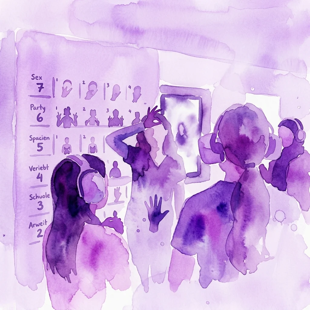 Een interactieve tentoonstellingsruimte met mensen die gebarentaal gebruiken en koptelefoons dragen, met een paarse aquarelillustratie van een communicatiegids met Duitse labels zoals 'Sex', 'Party' en 'Arbeit'.