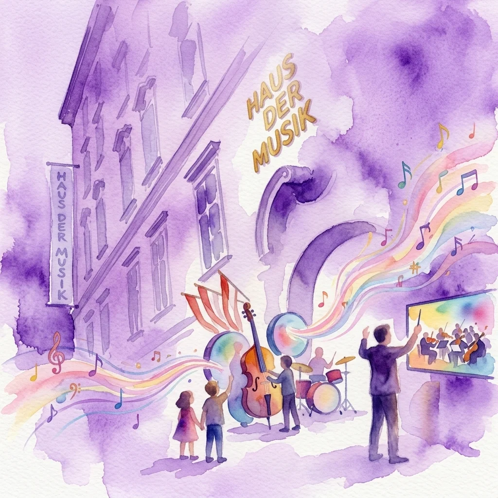 Ilustración en acuarela de la Haus der Musik con visitantes explorando instrumentos musicales y exhibiciones de sonido, con coloridas notas musicales y un director liderando una exhibición interactiva.