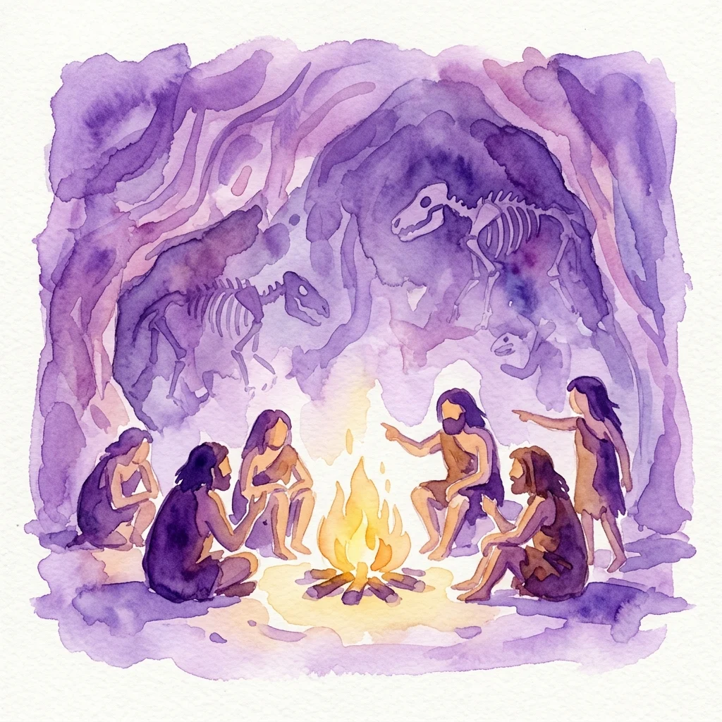 Ilustracja akwarelowa prehistorycznych ludzi zgromadzonych przy ognisku w jaskini, ze szkieletami zwierząt z epoki lodowcowej widocznymi w tle, przedstawiająca edukacyjną scenę z wystawy 'Dzieci epoki lodowcowej i ich świat'.