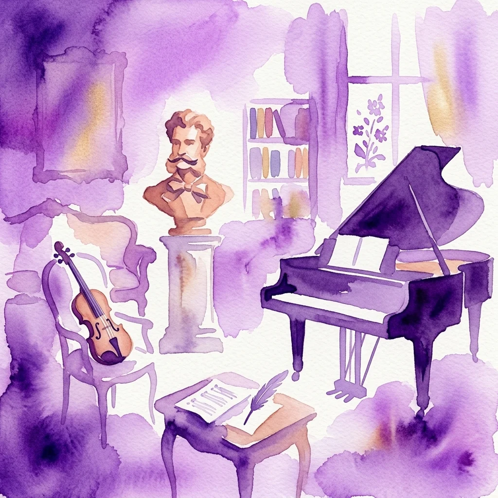 Waterverfillustratie van het interieur van het appartement van Johann Strauss met een vleugel, viool, buste van Strauss en muziekmanuscripten, die de creatieve ruimte van de componist oproept.