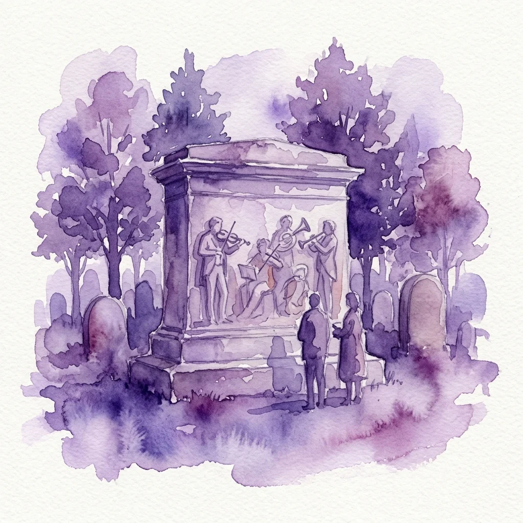 Waterverfillustratie van het graf van Johann Strauss op de Zentralfriedhof in Wenen, met reliëfsculpturen van muzikanten en bezoekers die respect betuigen in een sobere, artistieke omgeving.