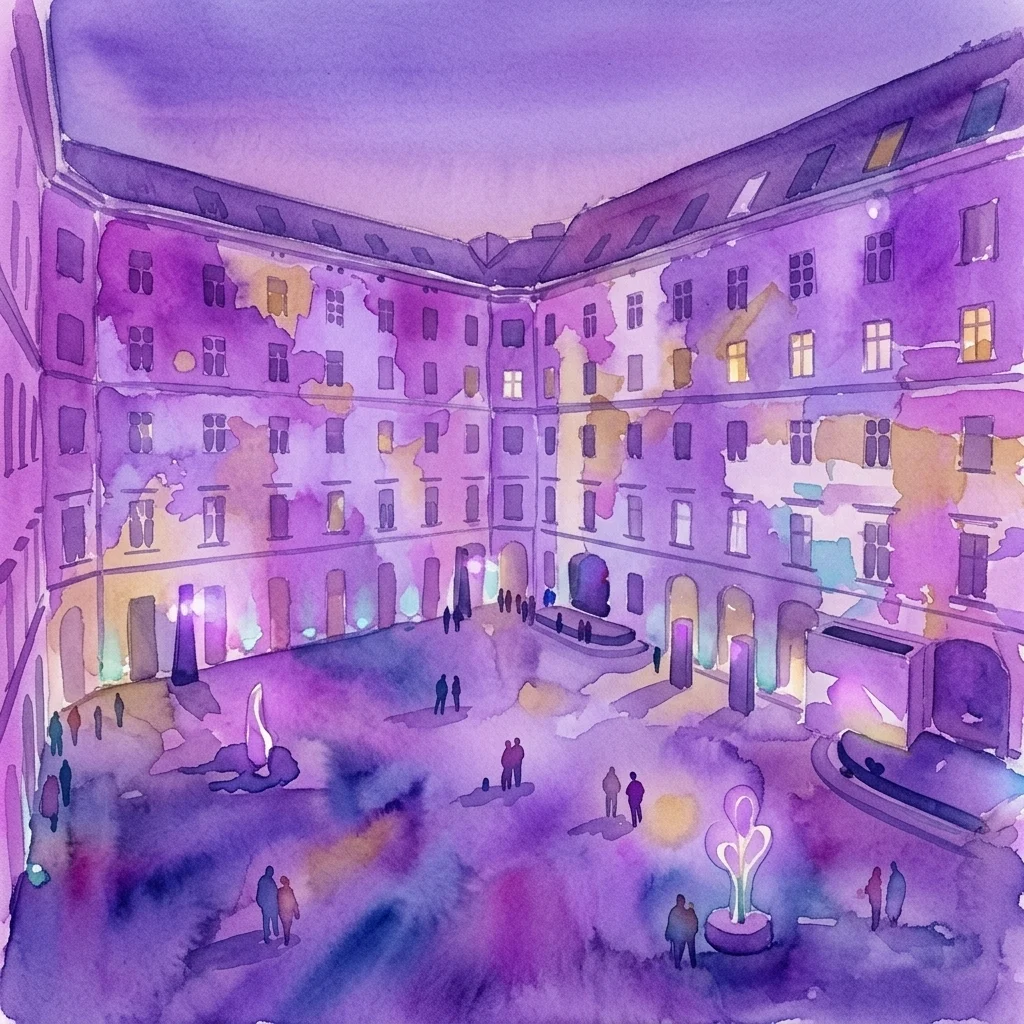 Ilustracja akwarelowa instalacji artystycznej Museum of Change o zmierzchu, przedstawiająca podświetlone elementy rzeźbiarskie i ludzi na dziedzińcu z fioletowym i żółtym oświetleniem.