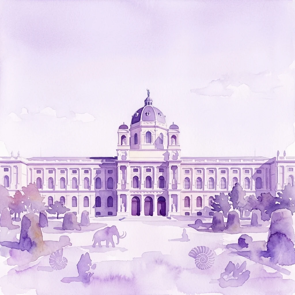 Ilustración en acuarela del Naturhistorisches Museum Wien, que muestra su grandiosa fachada clásica con una cúpula central, rodeada de siluetas de animales prehistóricos y fósiles, simbolizando sus colecciones de historia natural.