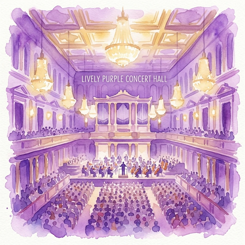 Ilustración en acuarela del interior de una gran sala de conciertos con una orquesta en el escenario, asientos en gradas e iluminación de candelabros, superpuesta con el texto 'LIVELY PURPLE CONCERT HALL'.