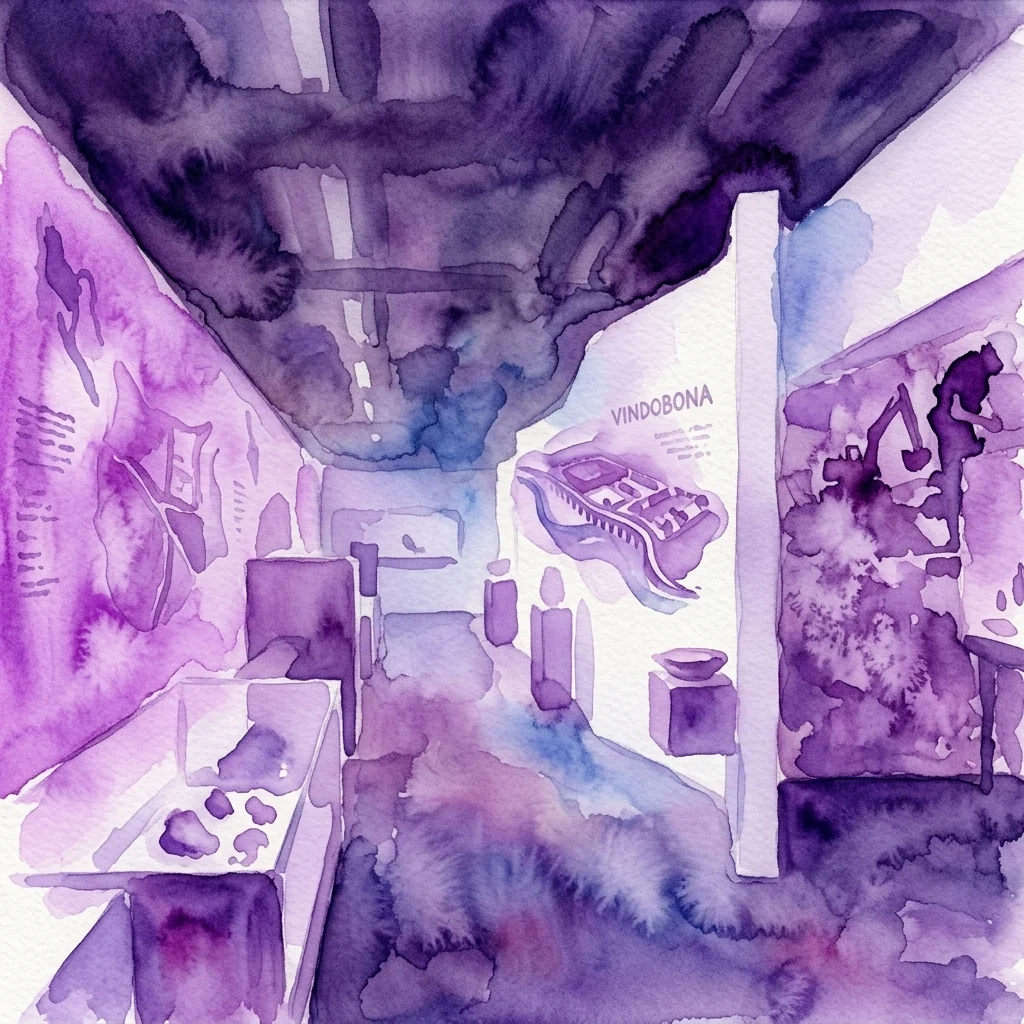 Ilustracja akwarelowa wnętrza Muzeum Rzymskiego z dawnymi artefaktami, wizualizacjami 3D Vindobony oraz ścianami w odcieniach fioletu z ekspozycjami informacyjnymi.