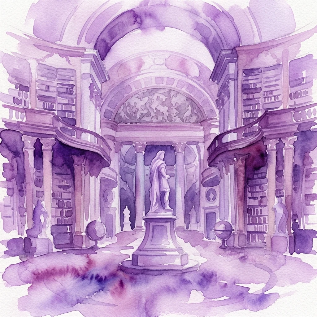 Ilustración en acuarela del Salón Estatal de la Biblioteca Nacional Austriaca, con arquitectura ornamentada, imponentes estanterías, una estatua central y techos abovedados en tonos púrpuras.