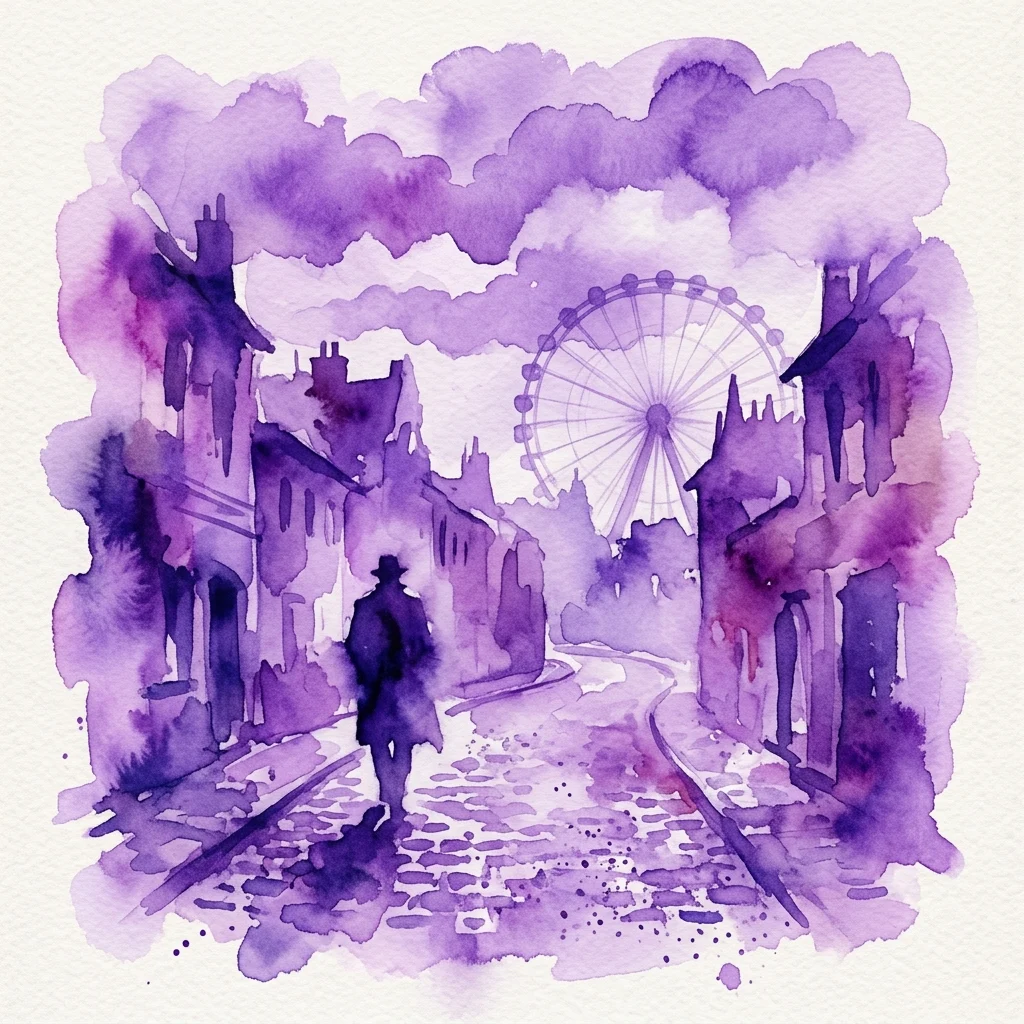 Una ilustración en acuarela púrpura de una figura sombría con gabardina caminando por una calle adoquinada en Viena, con la Noria Gigante visible al fondo bajo un cielo nublado.