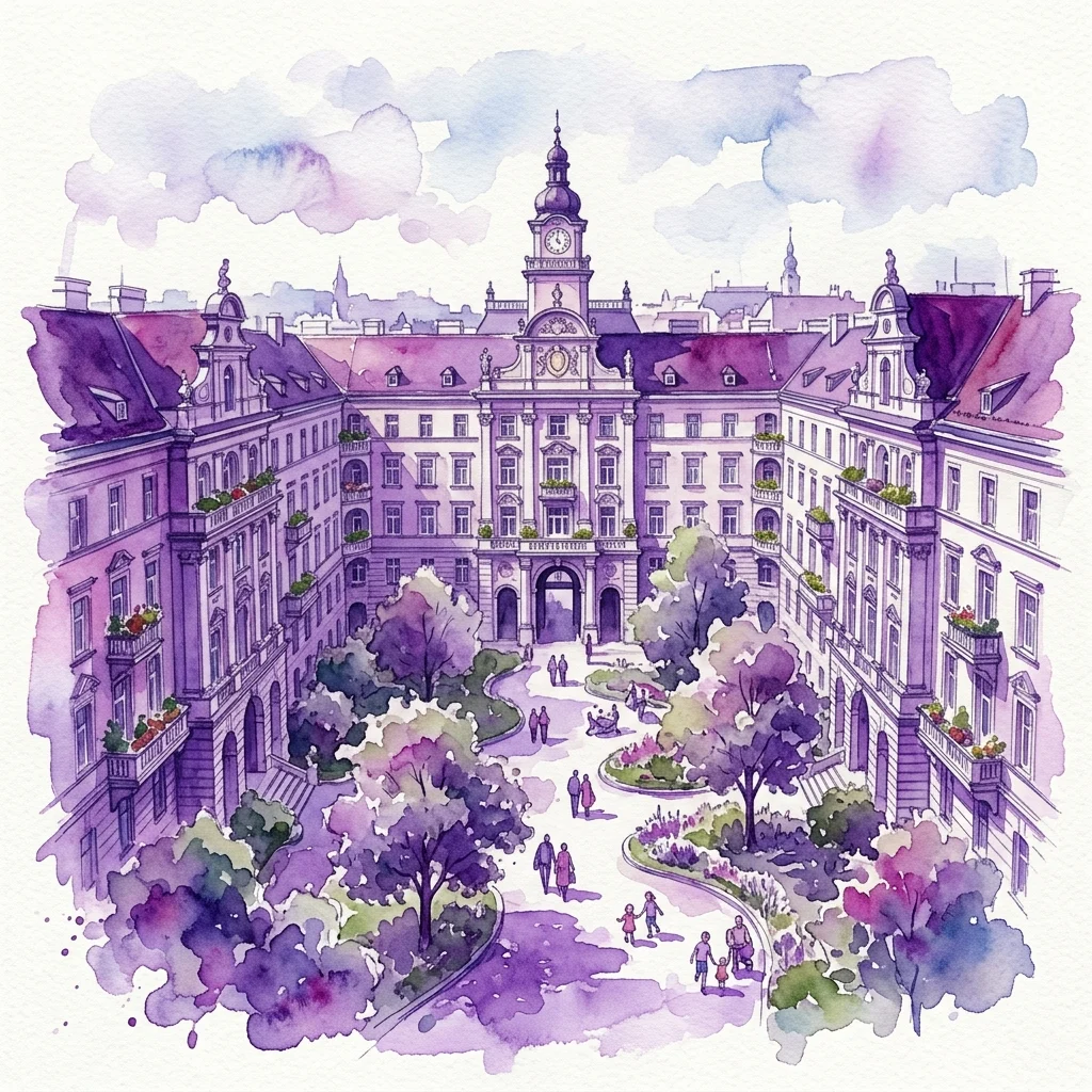 Grafika wystawy Najważniejsze wiedeńskie budynki mieszkalnictwa socjalnego w Central Cemetery