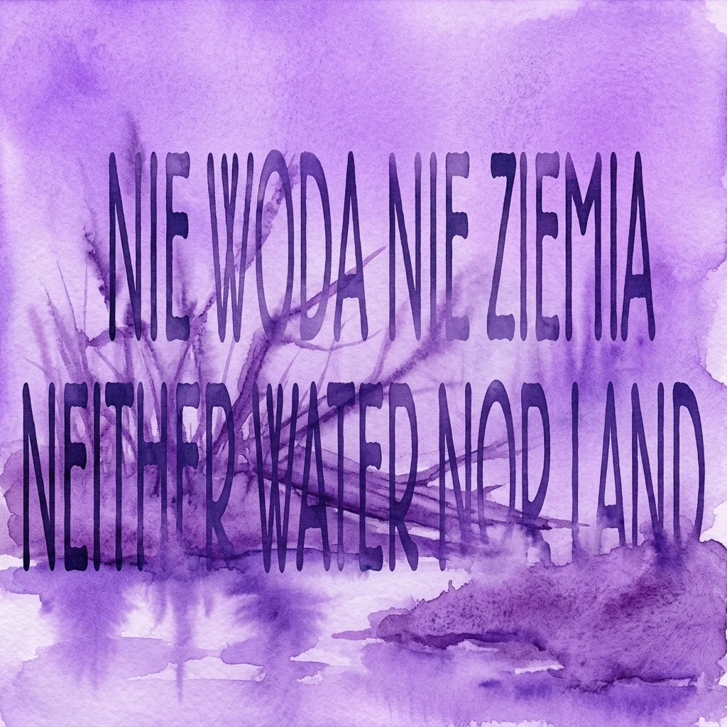 Fioletowa praca akwarelowa z nałożonym tekstem 'NIE WODA NIE ZIEMIA' i 'NEITHER WATER NOR LAND', przedstawiająca krajobraz podmokły z abstrakcyjnymi elementami przyrodniczymi.