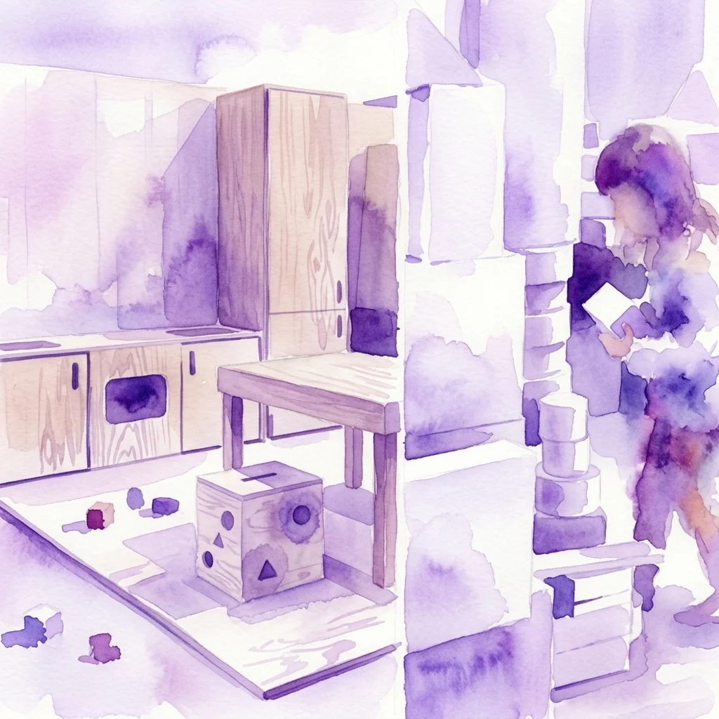 Ilustración en acuarela morada que muestra a un niño interactuando con bloques de madera y muebles minimalistas en la exposición La Casa Mágica.