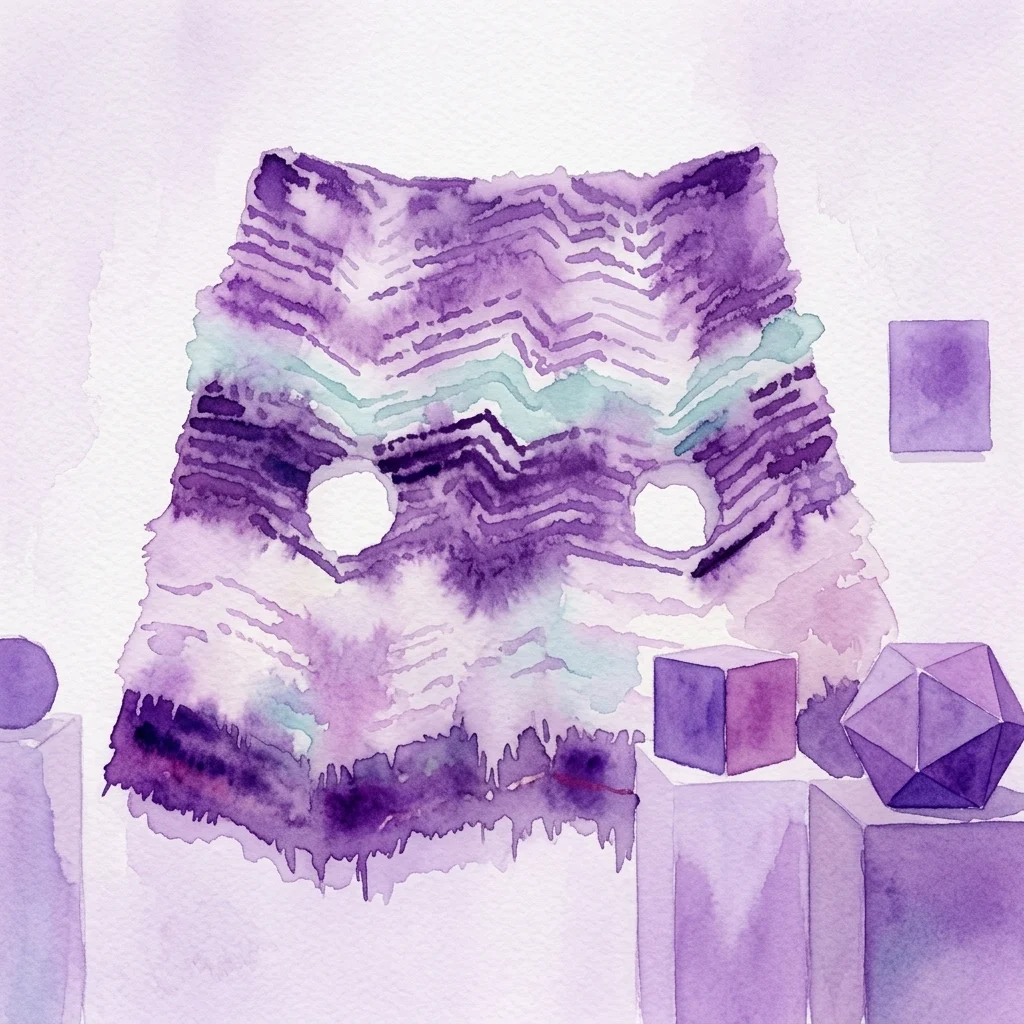 Ilustración en acuarela de una forma abstracta similar a una máscara en tonos morado y verde azulado con dos ojos blancos, acompañada de esculturas geométricas sobre pedestales.