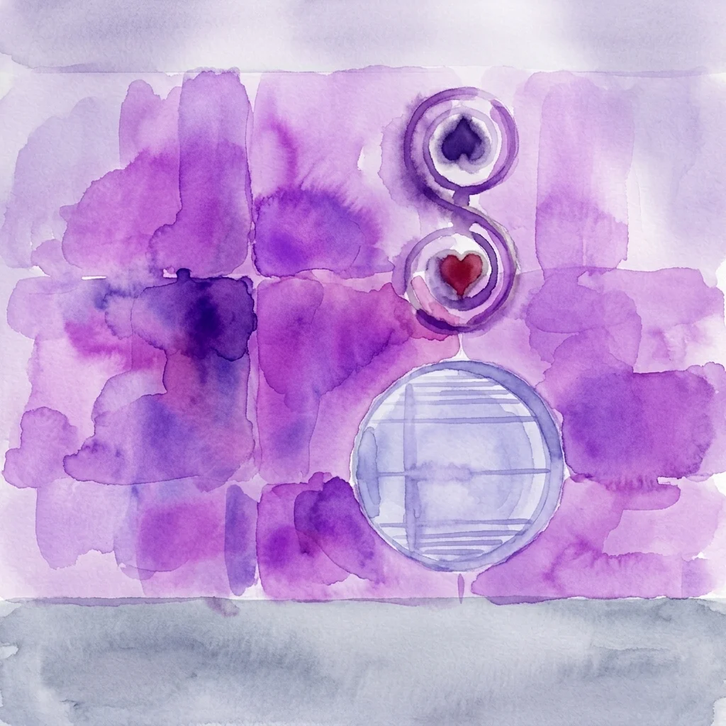 Watercolor painting in purple and violet washes featuring stacked circular motifs with heart shapes above a larger grid-patterned orb, set against abstract floral backgrounds.