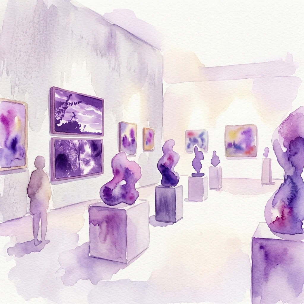 Aquarelillustratie van een galerij-interieur voor de tentoonstelling Diante do Tempo, met paarse en violette ingelijste schilderijen aan de muren naast organische sculpturale vormen op sokkels, met een silhouet van een bezoeker.
