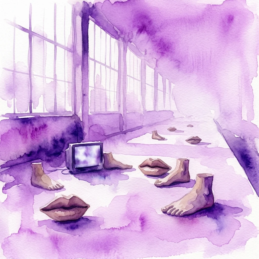 Ilustración en acuarela de una instalación artística en una antigua estación de tren, que muestra esculturas de labios y pies de arcilla esparcidas por el andén junto a un monitor de vídeo, enmarcada por altos ventanales arqueados.
