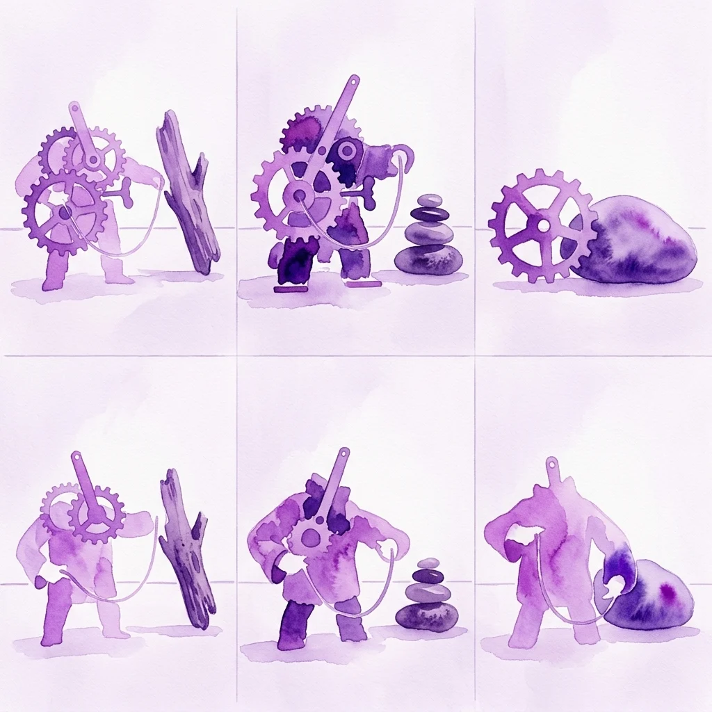 Six watercolor sketches in purple wash on a pale background, arranged in a grid, depicting whimsical hybrid figures combining mechanical gears and cogs with organic rock-like shapes and draped forms.