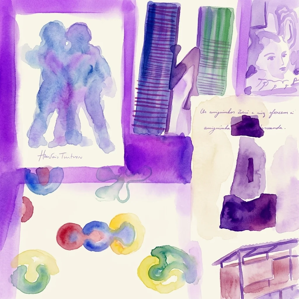 Aquarelkunstwerk met blauwe figuratieve schetsen, paarse en groene gestreepte vormen, handgeschreven Portugese annotaties en kleurrijke aquarelstudies in rood, blauw, geel en groen op een witte achtergrond.