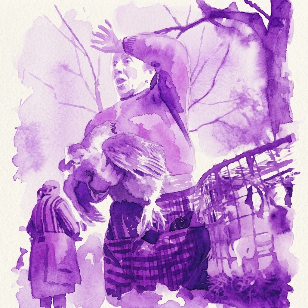 Purple watercolor artwork for the exhibition 'The North of Yesterday' showing a figure with raised arm beside bare branches and a smaller figure below.