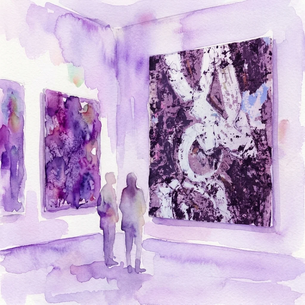 Watercolor-rendered gallery scene with two silhouetted visitors viewing large-scale abstract paintings featuring layered purple, white, and dark pigment textures on white walls.