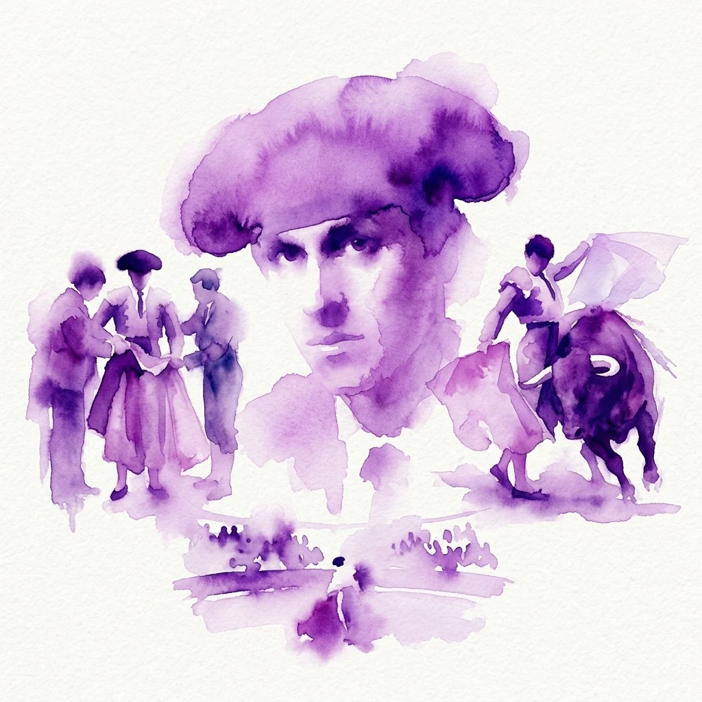 Paarse aquarelillustratie met een groot portret van een matador, omringd door scènes van de voorbereidingen op het stierenvechten en een stierenvechter die in de arena tegenover een stier staat.