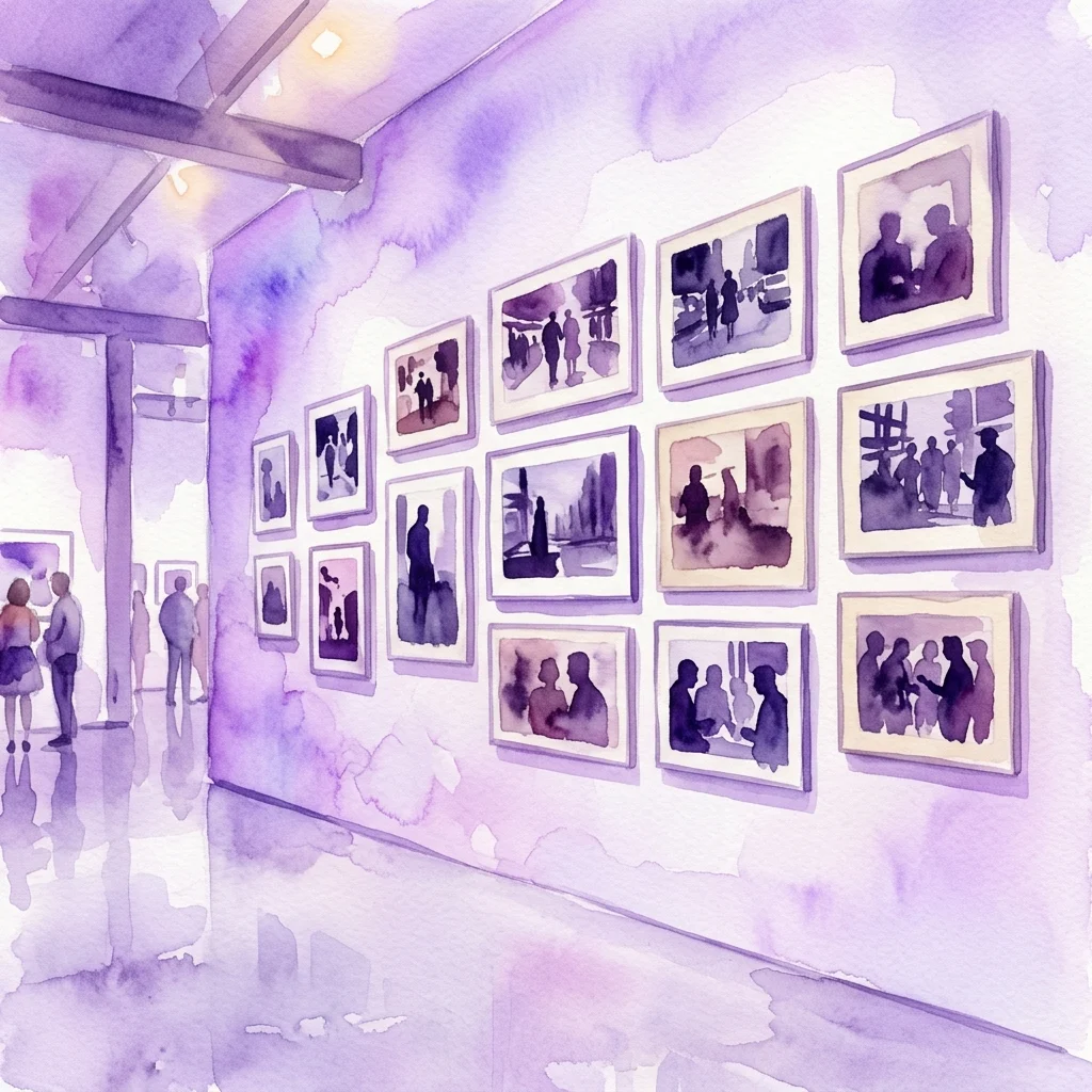 Aquarelillustratie van een galerie-interieur in paarse tinten, met ingelijste foto's aan een witte muur en bezoekers die de tentoonstelling bekijken.