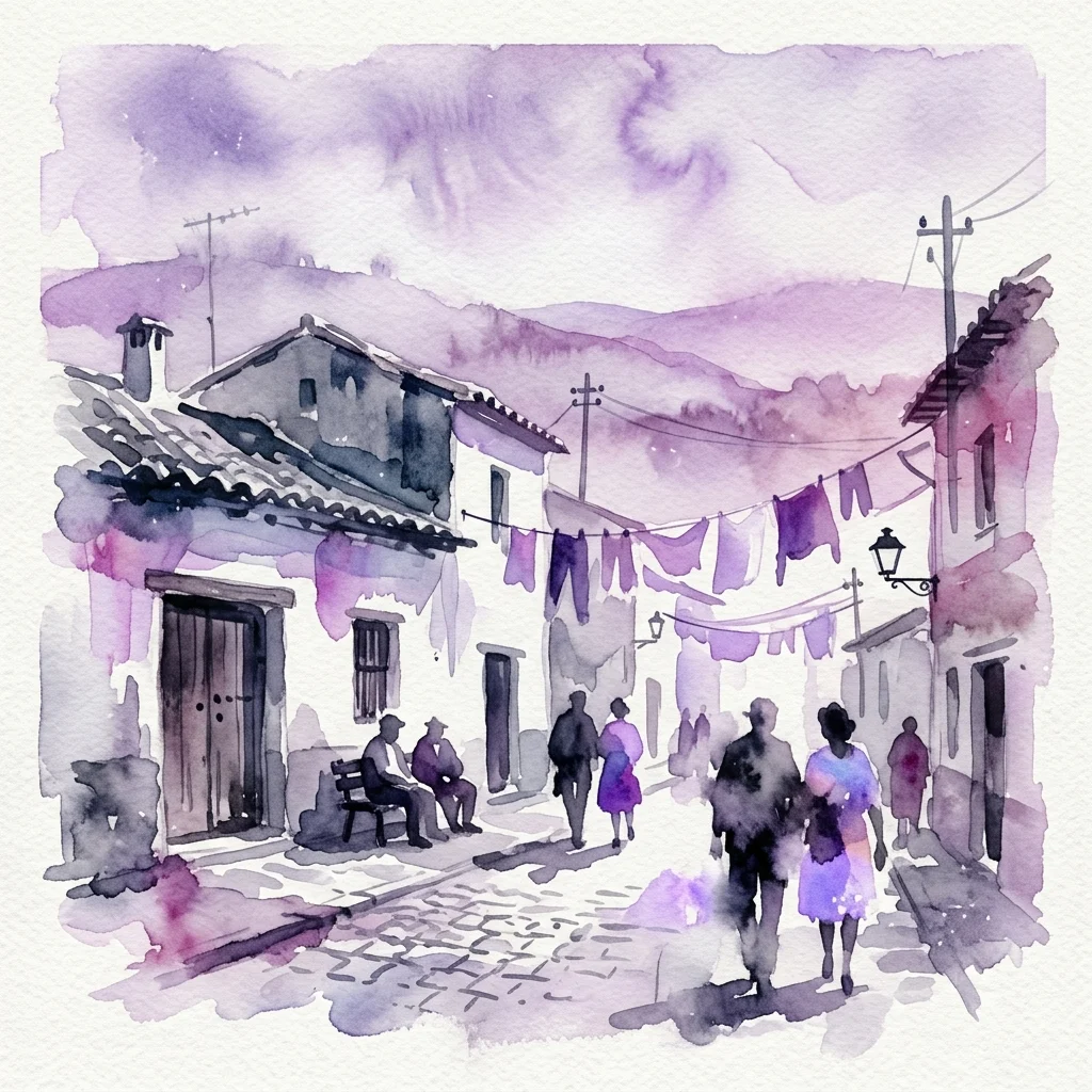 Aquarelillustratie van een Spaanse dorpsstraat met figuren en wasgoed, die het dagelijks leven uit de jaren 60 Málaga-fototentoonstelling van Jürgen Schadeberg oproept.