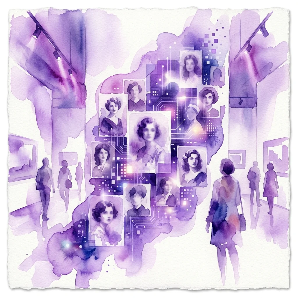 Paarse aquarelillustratie van een museumgalerie met een collage van vintage vrouwenportretten gecombineerd met elementen van digitale printplaten.