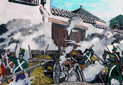 Pintura histórica que representa a soldados con uniformes militares verdes del siglo XIX disparando cañones en medio de un espeso humo durante una escena de batalla junto a edificios de paredes blancas con tejados de tejas.