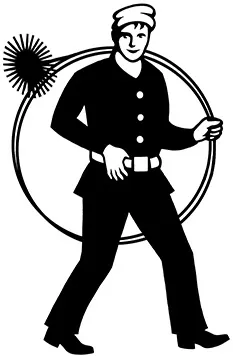 logo en blanco y negro de un deshollinador con uniforme y un cepillo