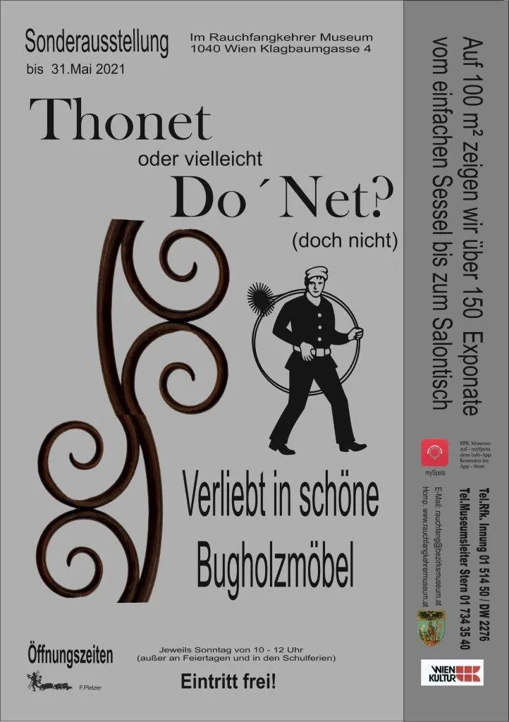 Poster voor een tentoonstelling in het Rauchfangkehrer Museum met tekst in het Duits, een silhouet van een schoorsteenveger en decoratief krulwerk