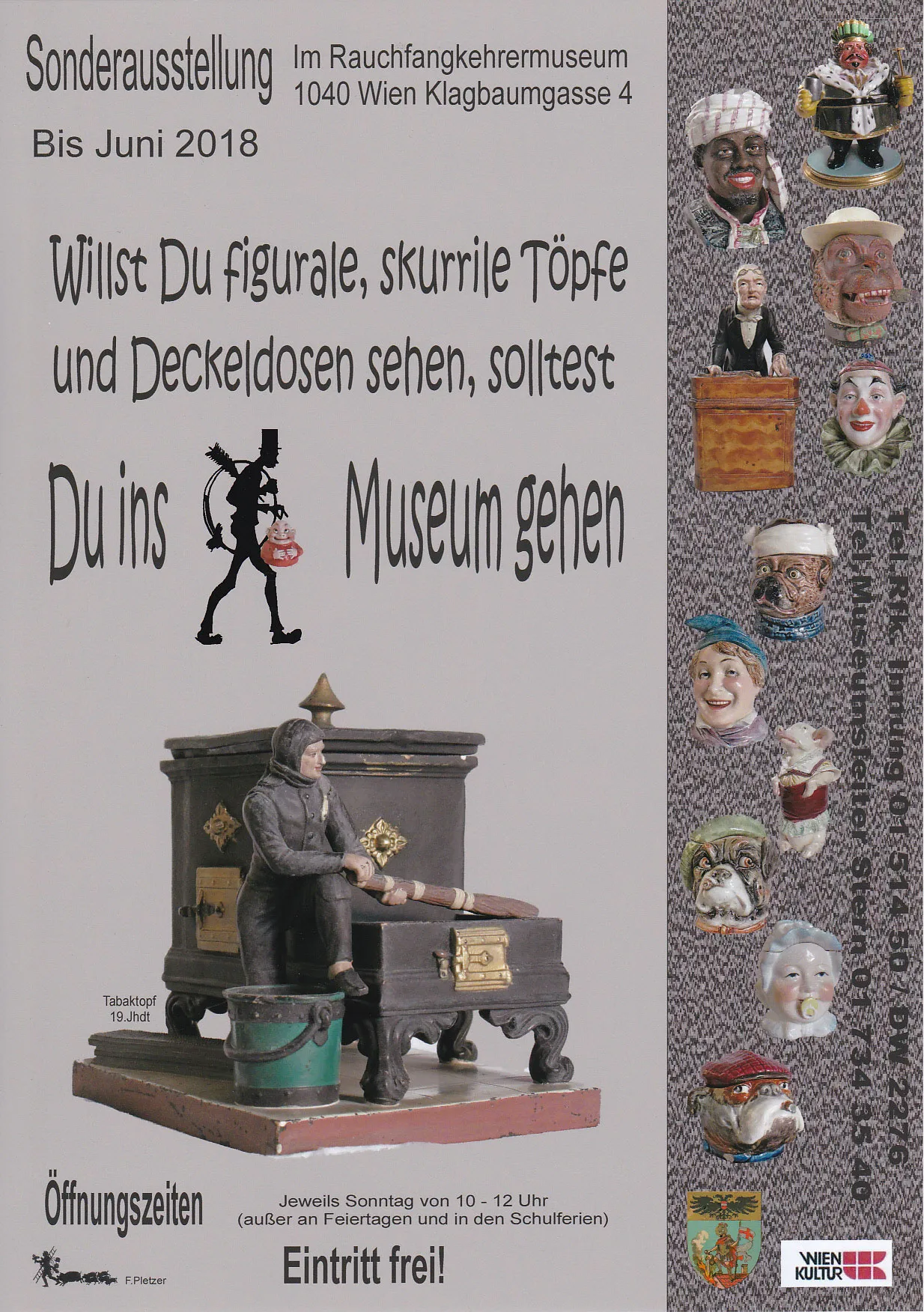 Poster voor een speciale tentoonstelling in het Nederlands Steentjesmuseum met een model van een schoorsteenveger en diverse keramische beeldjes van schoorsteenvegers