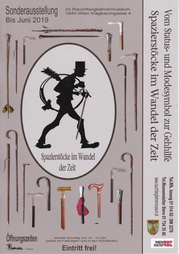 Promotionele poster voor een tentoonstelling in het Museum van de schoorsteenveger met een silhouet van een schoorsteenveger met wandelstokken en gereedschap eromheen.