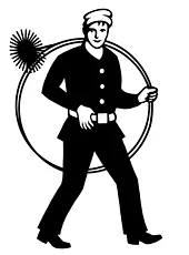 logotipo en blanco y negro de un deshollinador con uniforme sujetando un cepillo dentro de un marco circular