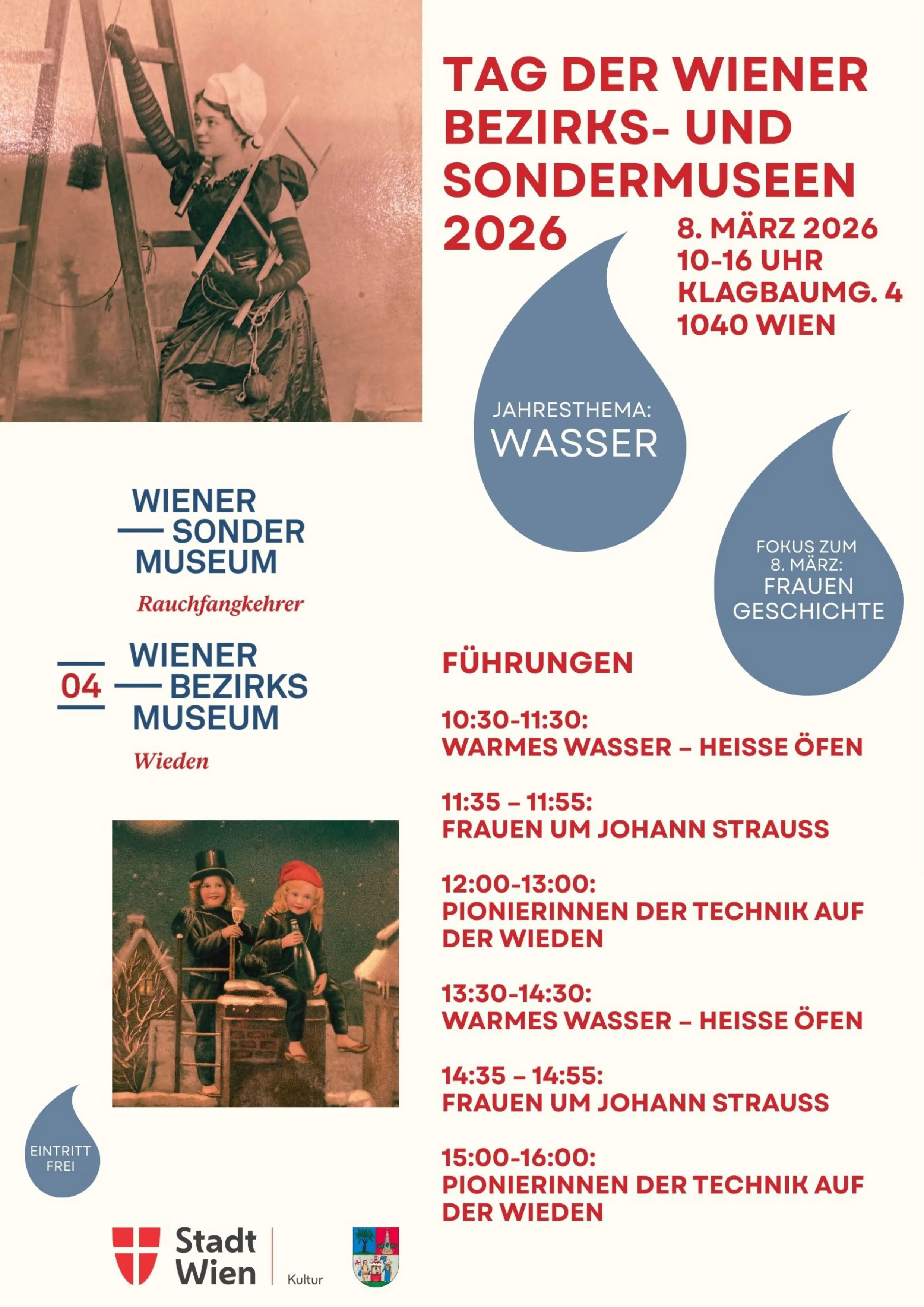 Un cartel para un evento de museo que presenta imágenes históricas de deshollinadores, texto en alemán y detalles de los tours en el Wiener Sondermuseum y Wiener Bezirksmuseum en Viena.