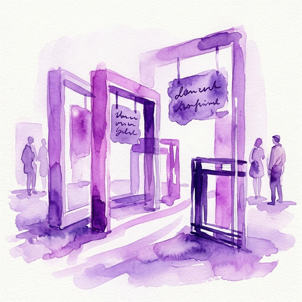 Watercolor illustration of a contemporary art exhibition installation with purple-hued frames, hanging signs with handwritten text, and visitors observing the artwork in a gallery space.