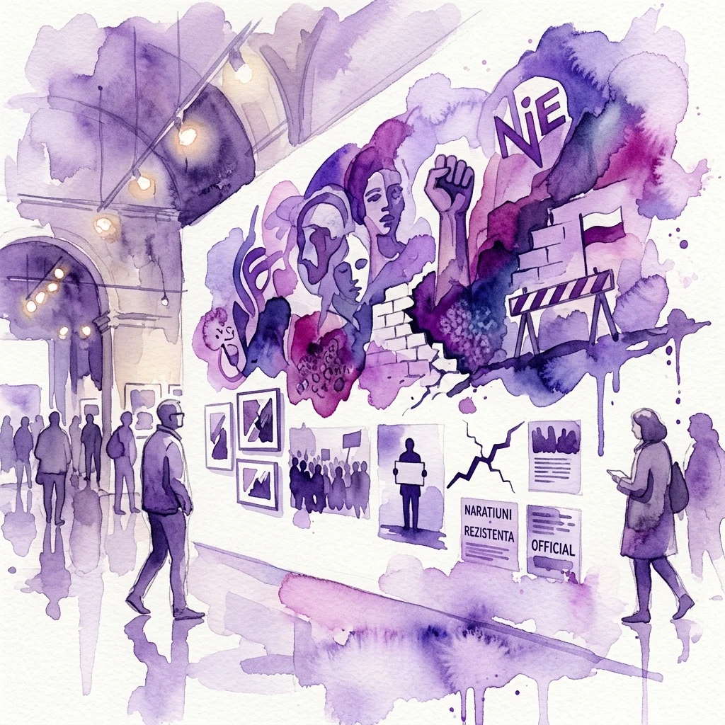 Watercolor illustration of an art exhibition featuring Rafał Milach's 'Refusal. Second Fracture,' with visitors viewing artworks depicting protest symbols, broken walls, and the word 'NIE' in a gallery space.