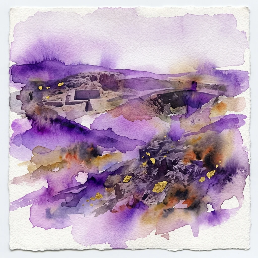 Artistic intervention on a photograph of Las Médulas, a UNESCO World Heritage site in León, featuring purple watercolor overlays and gold leaf accents on a rugged landscape.