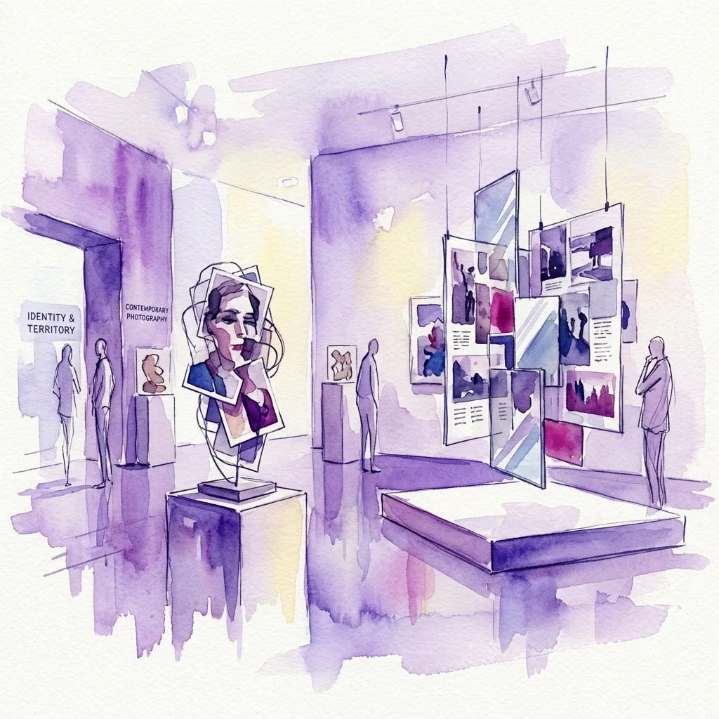 A watercolor illustration of a contemporary photography exhibition titled 'Volver a imaginar,' featuring photo-sculptures and installations exploring identity and territory in a modern gallery space.