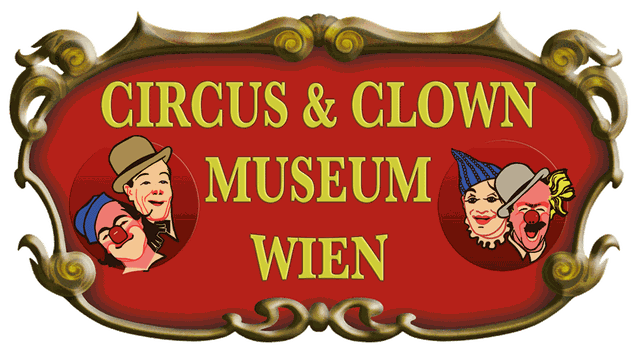 Un logo rojo y dorado para el Circus & Clown Museum Wien con ilustraciones de payasos