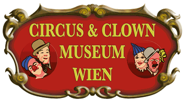 Logo ovalado rojo con marco ornamentado dorado que muestra 'CIRCUS & CLOWN MUSEUM WIEN' en texto amarillo y figuras de payasos de dibujos animados a los lados