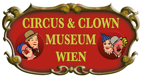 Un logo rojo y dorado para el Circus & Clown Museum Wien con ilustraciones de payasos y texto amarillo